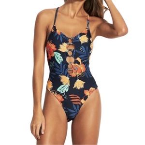 Seafolly On-Vacation Ringed Front Maillot One-Piece swimsuit in Indigo Floral